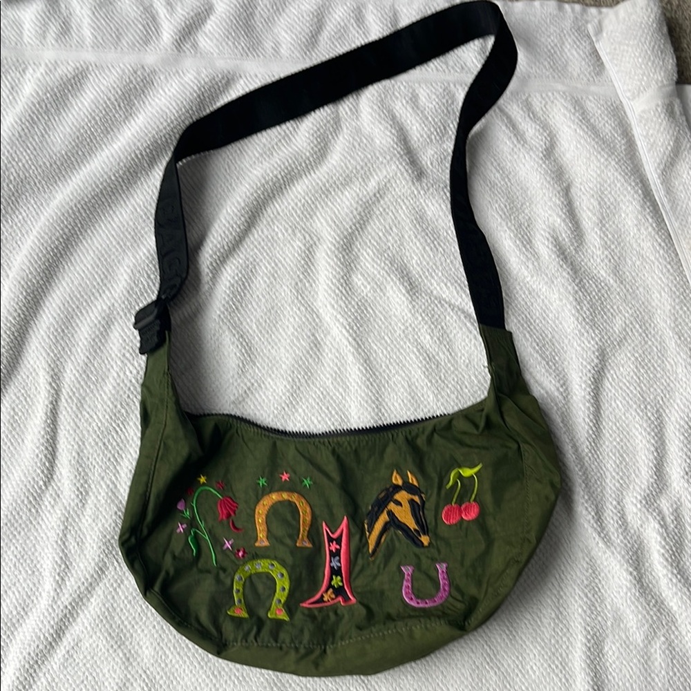 BAGGU Olive Green Embroidered Shoulder Bag